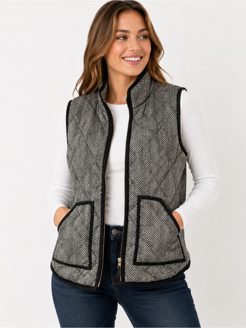 J. Crew Black and Gray Herringbone Quilted Vest XS